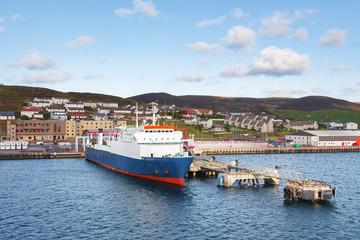 Ship transport docking in pier in Lerwick town, Shetland - 199298438