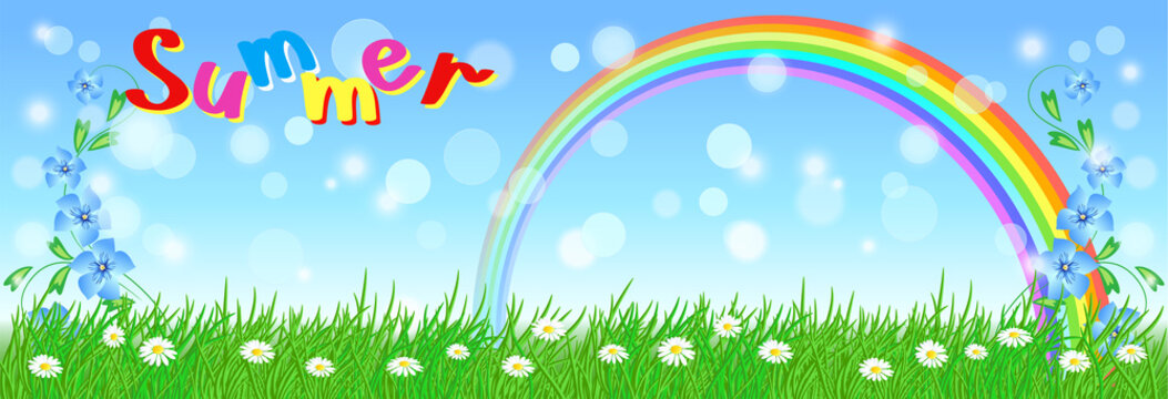  Rainbow in the sky and meadow flowers