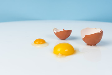 Yolk of broken egg in eggshell decorated with pink sisal nest on the minimalist white and blue background
