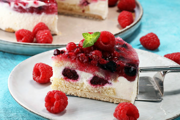 raspberry cake and many fresh raspberries