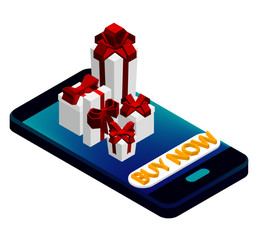 A set of gifts, hearts and bows on a white background. Isometric 3d