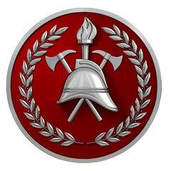 3d illustration. Fireman badge. Silver vintage helmet, axes, torch, olive branches on a red medal. Isolated. 3D modeling