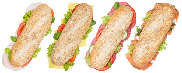 Brötchen Vollkorn Baguette Käse Salami Schinken Lachs Fisch von oben freigestellt Freisteller