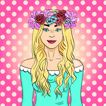 Pop art beautiful and young girl, blonde. Wreath on head with bouquet of flowers. Comic book style imitation