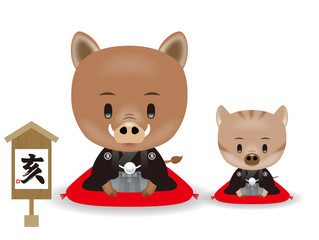 Illustration of a boar. For New Year. The twelve zodiac signs. / Meaning of letters written on paper. boar. Japanese.