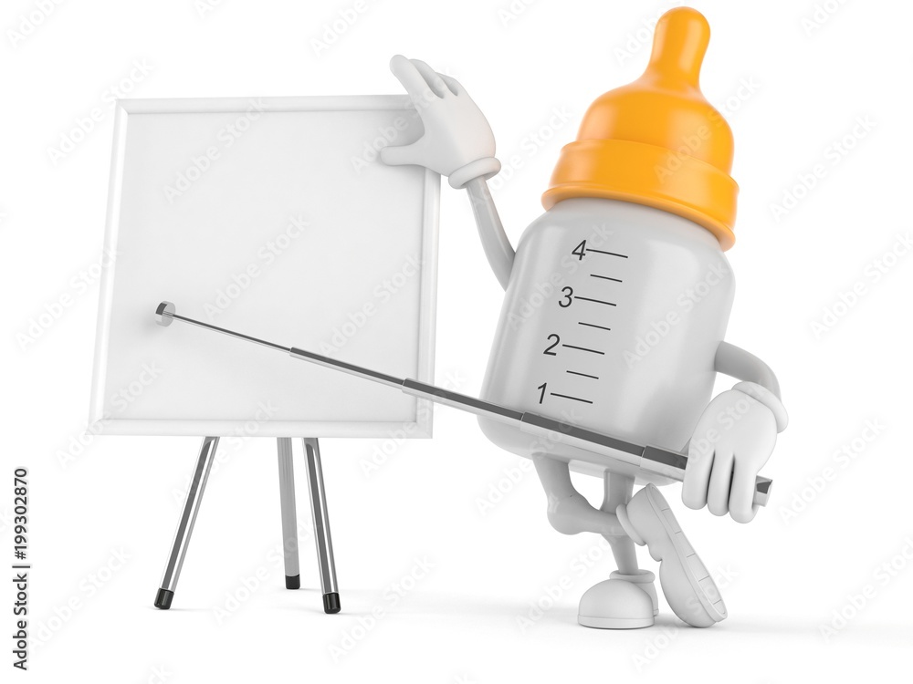 Wall mural Baby bottle character with blank whiteboard