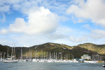 Fototapeta na wymiar View towards the town, marina & landscape of Roadtown, Tortola, British Virgin Islands, Caribbean.
