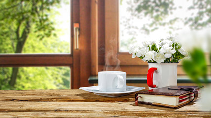 spring background of flowers and window background. 