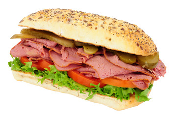 Beef pastrami and salad sandwich isolated on a white background