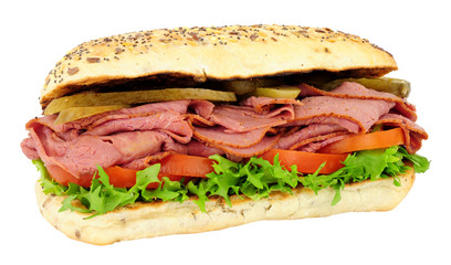 Beef pastrami and salad sandwich isolated on a white background
