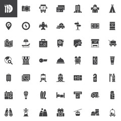 Travel vector icons set, modern solid symbol collection, filled style pictogram pack. Signs, logo illustration. Set includes icons as Restaurant, Camera, Credit card, Hotel, Compass, Plane, Passport