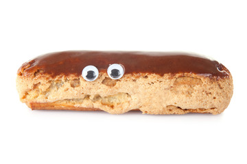 likeable chocolate eclair with eyes french pastry isolated