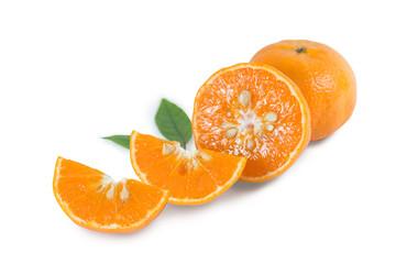Orange fruit.Sliced  half and whole tangerine with seeds isolated white background.