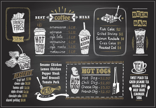 Chalk on a blackboard menu designs set - desserts menu, fish menu, tea, coffee, hot dogs, beer bar