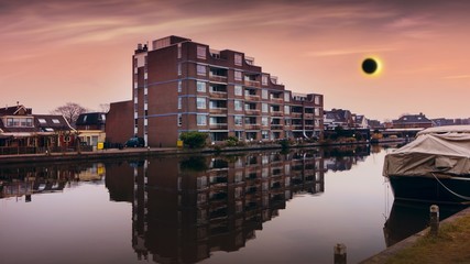  Sunset Strip . Modern apartment house . Traditional apartment house In Holland . Dramatic nature background .   Light from sky . Religion background . Background - Doomsday . 