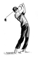 Ink black and white sketch of a male golfer