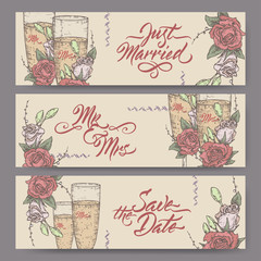 Set of three original wedding banners based on wine glass color sketch and brush calligraphy.