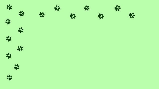 Traces of a walking animal on green.  Background with animal paw prints. Cartoon comic funny paws.   
