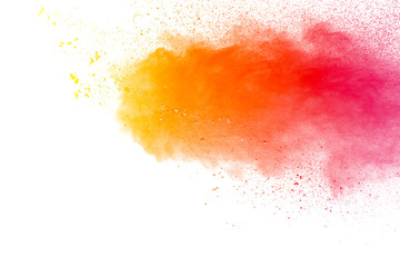 abstract explosion of orange-red dust  on  white background. abstract orange-red  powder splatter on white  background. Freeze motion of orange-red  powder splash.