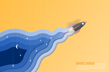 Rocket launch with smoke paper art layer style. Startup concept.