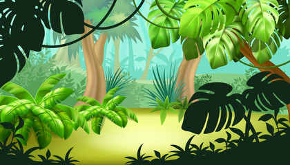 Naklejka premium Krajobraz gry z tropikalną sceną dżungli. Tło wektor ilustracja.