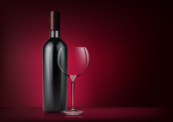 Vector image of a bottle with red wine and a glass goblet in photorealistic style on a red dark background. 3d realism illustration