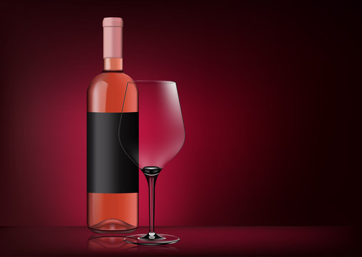 Vector image of a bottle of pink wine with label and a glass goblet in photorealistic style on a red dark background. 3d realism illustration