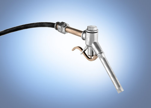 retro fuel nozzle pump with hose isolated on blue gradient background 3d