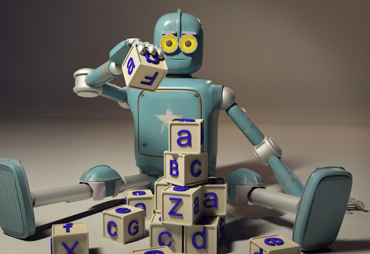 Retro Robot plays with wooden ABC cubes on floore. 3D rendering. Education scientist robot student