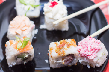 Set of sushi rolls. Asian food. Japanese restaurant. Dietary and healthy food