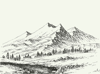 Mountains landscape sketch. River flow and alpine vegetation hand drawing