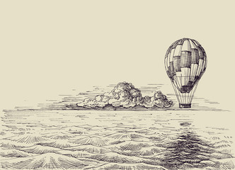 Hot air balloon over the sea. Retro style traveling hand drawn wallpaper, escape to new, unknown, exotic lands, adventure concept