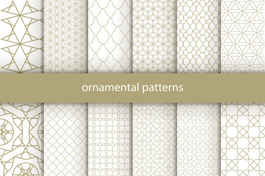  Vector set of 12 oriental patterns. White and gold background with Arabic ornaments. Patterns, backgrounds and wallpapers for your design. Textile ornament. Vector illustration.