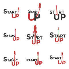 Startup logo. Logo set for commencement of business. The red rocket takes off. Beginning of work ideas.