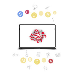 Social media with doodle and like, commend and new friends icons and in laptop on the white background. Flat vector illustration EPS 10
