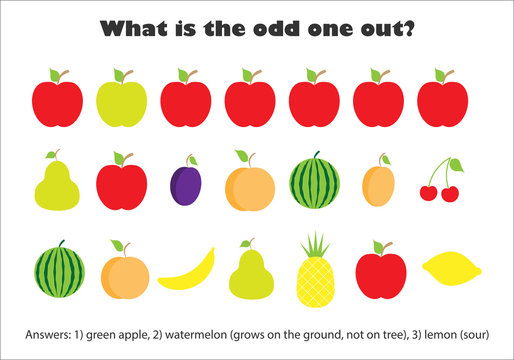 What is the odd one out for children, fruit in cartoon style, fun education game for kids, preschool worksheet activity, task for the development of logical thinking, vector illustration