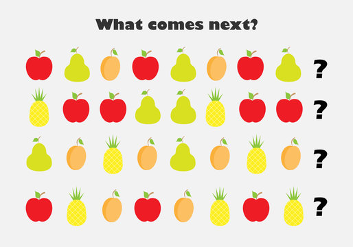 What comes next with fruit pictures (apple, pear, pineapple) for children, fun education game for kids, preschool worksheet activity, task for the development of logical thinking, vector illustration