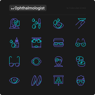 Ophthalmologist thin line icons set: glasses, eyeball, vision exam, lenses, eyedropper, spectacle case. Modern vector illustration for black theme.