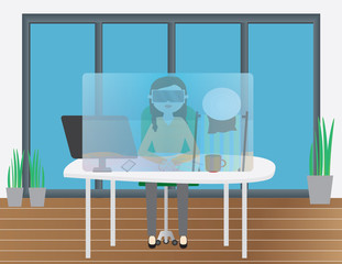 Woman in office with virtual reality glasses. Summer vacation vr game and office interior