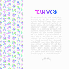 Fototapeta na wymiar Teamwork concept with thin line icons: group of people, mutual assistance, meeting, handshake, tug-of-war, cooperation, puzzle, team spirit, cooperation. Vector illustration for banner, print media.
