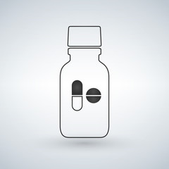 Linear Pill bottle icon with pills. Modern pill bottle for pills or capsules. Flat style vector illustration isolated on light background.