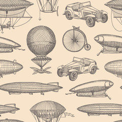 Vector pattern with steampunk hand drawn airships,