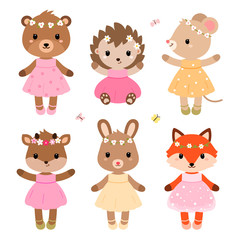 Cute dressed woodland animals in modern flat style. Vector.