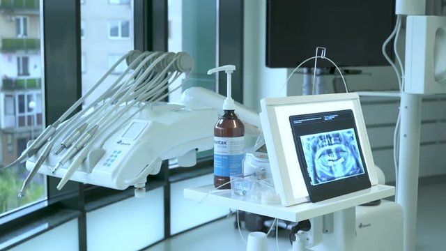 Dental drills and dental radiograph in a clinic