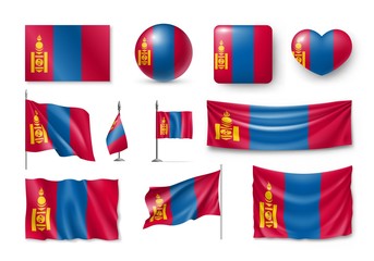 Set Mongolia flags, banners, banners, symbols, flat icon. Vector illustration of collection of national symbols on various objects and state signs