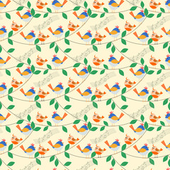 Seamless pattern vector of vivid lovely tiny birds.