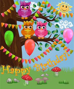 A cute flirtatious owl sits on a tree decorated with garlands, balloons, a postcard, a cartoon children's style, spring. Inscription Happy Birthday
