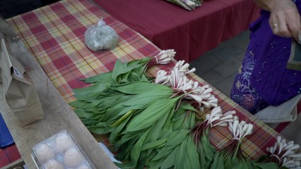 Mature woman paying farmer for purchases at local farmer’s market.