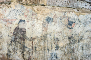 View of wall painting based on Buddhist culture in Ayuttaya period at Wat Ratchaburana which is the ancient Buddhist temple in the Ayutthaya Historical Park, Thailand. 