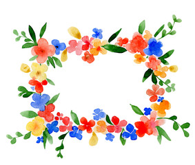 Fototapeta premium Wreath watercolor rectangle frame with the place for a text. Funny flowers and the leaves.